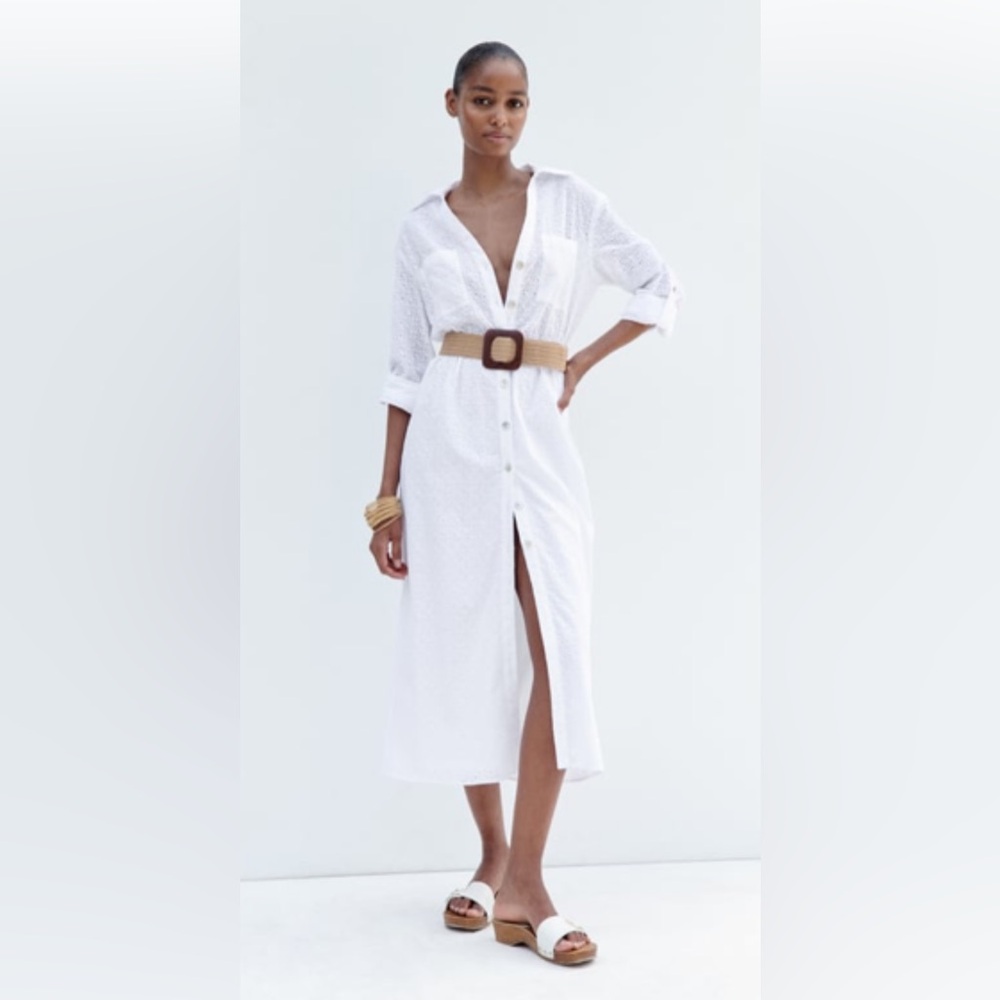 Zara embroidered midi belted shirt dress in white